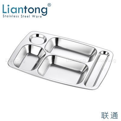 Liantong Factory School Canteen 5 compartment divided stainless steel201/304 mess lunch dinner snack fast food tray