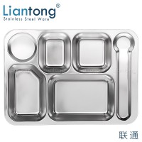 Liantong Factory School Canteen Big 6 compartment divided stainless steel 201 lunch dinner snack plate fast food tray