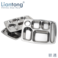 Liantong Factory School Canteen 6 compartment divided stainless steel 201 mess lunch dinner snack plate fast food tray