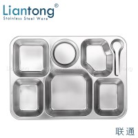 Liantong Factory School Canteen Big 7 compartment divided stainless steel 201 lunch dinner snack plate fast food tray